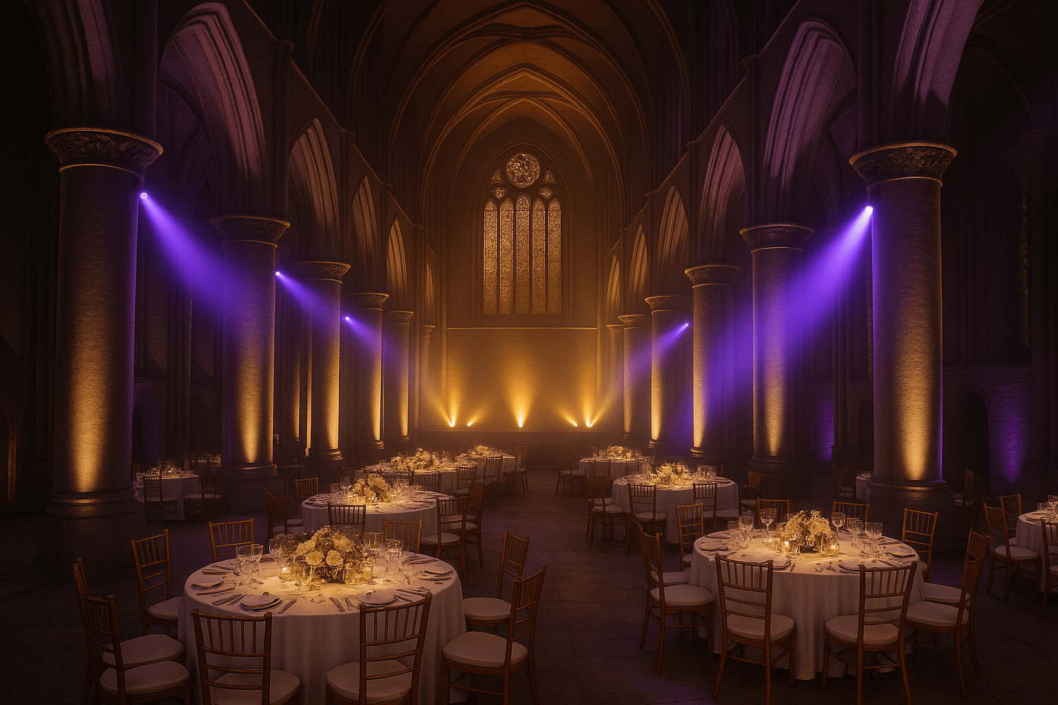 Candlelit banquet setup in church, showing event potential in church spaces with help from our venue hire consultancy services