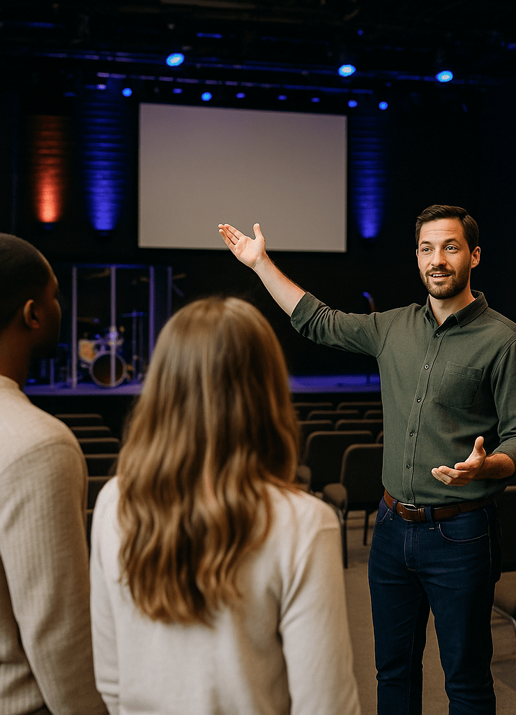 Man leading a live venue site tour presentation, symbolising training for hosting impactful and memorable venue tours – Connective Vision Masterclass.