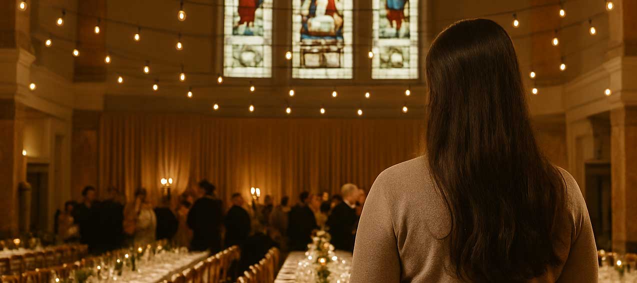 consultant-at-church-event Contact Connective Vision Consulting – woman standing in a transformed church venue set for hire, representing strategic support and potential.