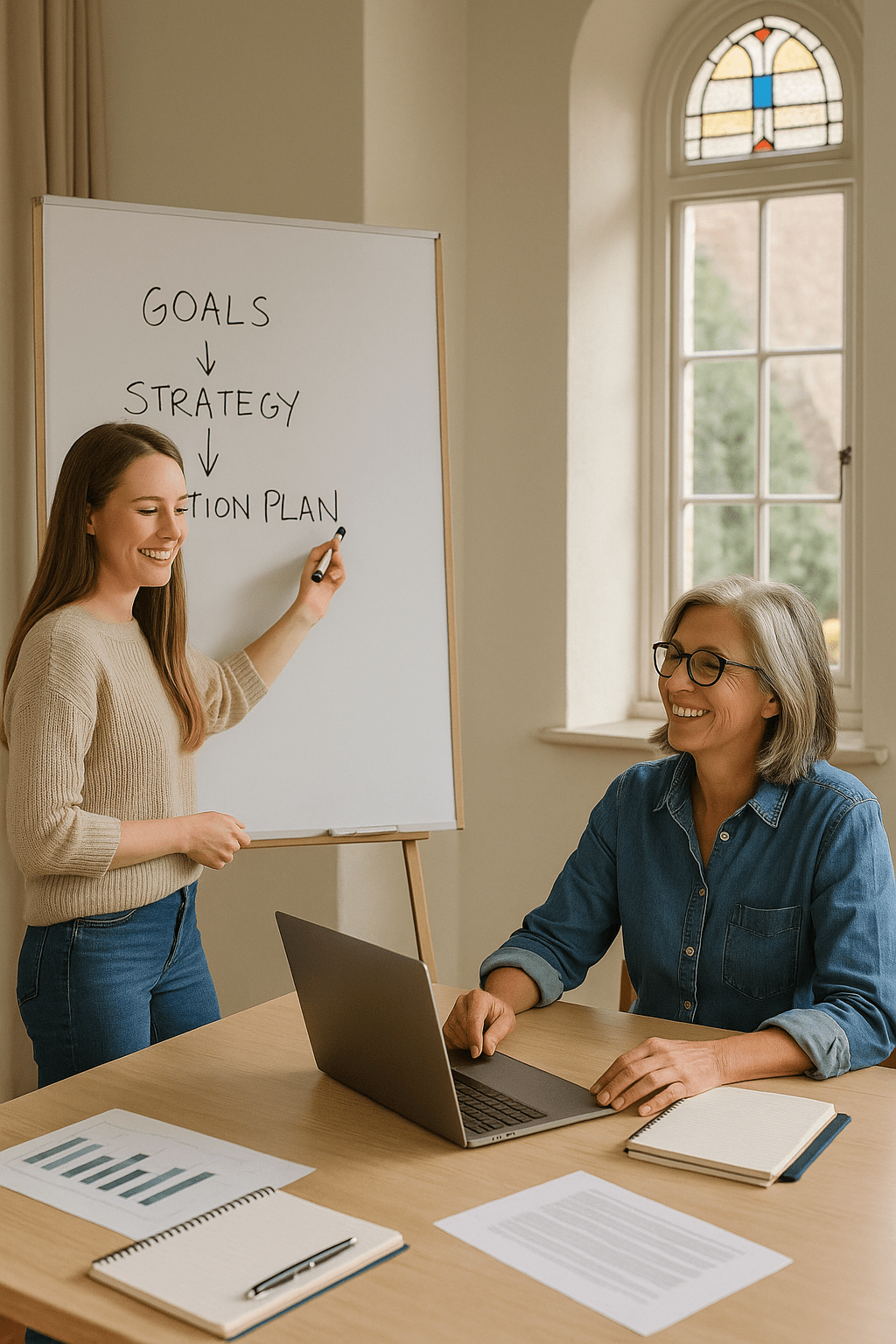 Woman leading a venue marketing strategy session with a team, illustrating training on branding, promotion, and venue visibility – Connective Vision Workshop.
