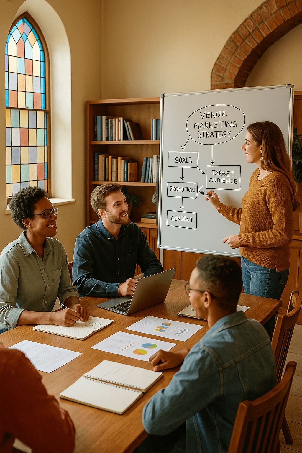 Small team collaborating on venue vision and strategy, showing training in aligning goals, bookings, and growth – Connective Vision Workshop.