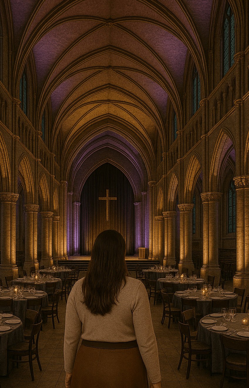 Charlotte standing in a church prepared for event hire, reflecting on growing church income through venue hire consultancy.