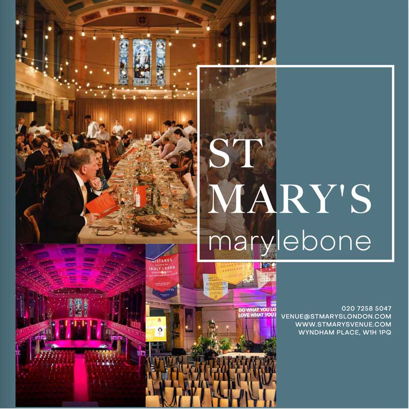 St Mary’s Marylebone venue brochure cover showcasing venue transformation through upgraded event spaces, branding, and marketing to support income generation and high-end event hire.