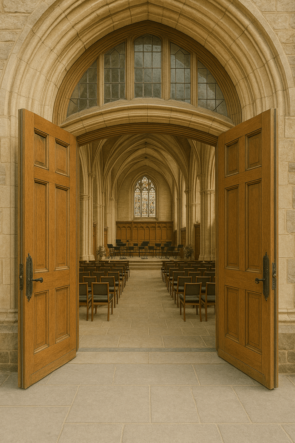 Welcoming open doors of a church, symbolising potential for growth through sustainable venue hire.