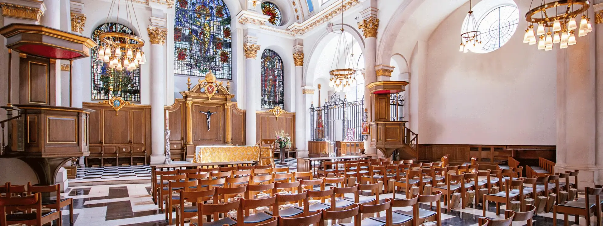 St Mary-le-Bow's heritage church interior with flexible seating, stained glass and open space suitable for church venue hire.